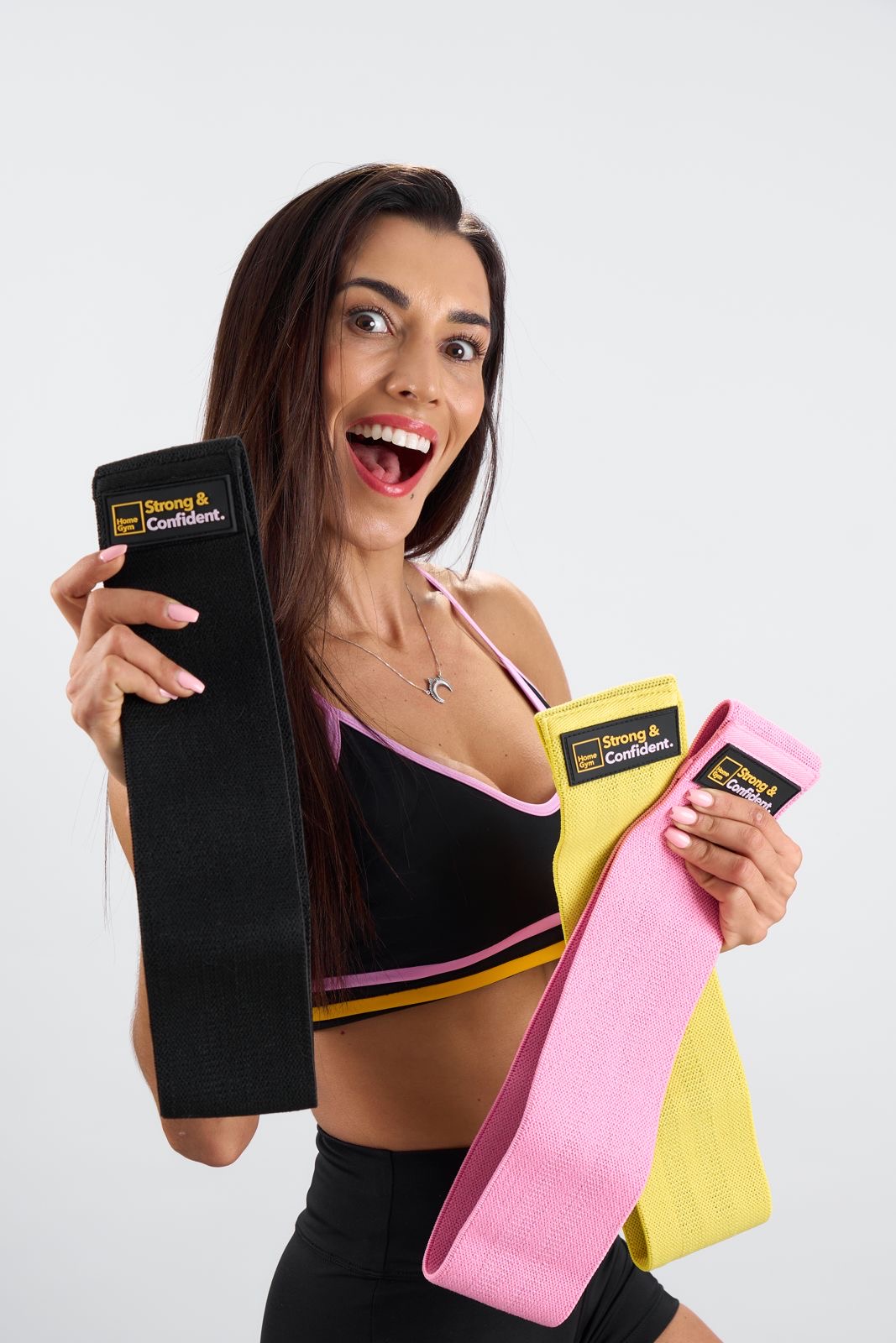 Booty bands HomeGym nas cores preta, amarela e rosa